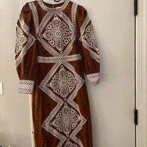 Sezane Long Sleeve Dress with Intricate Embroidery in Brown and Cream